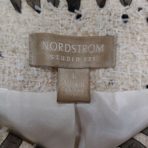 Nordstrom Studio 121 Cream Lace trim tweed wool blend cardigan blazer jacket L - Picture 4 of 8